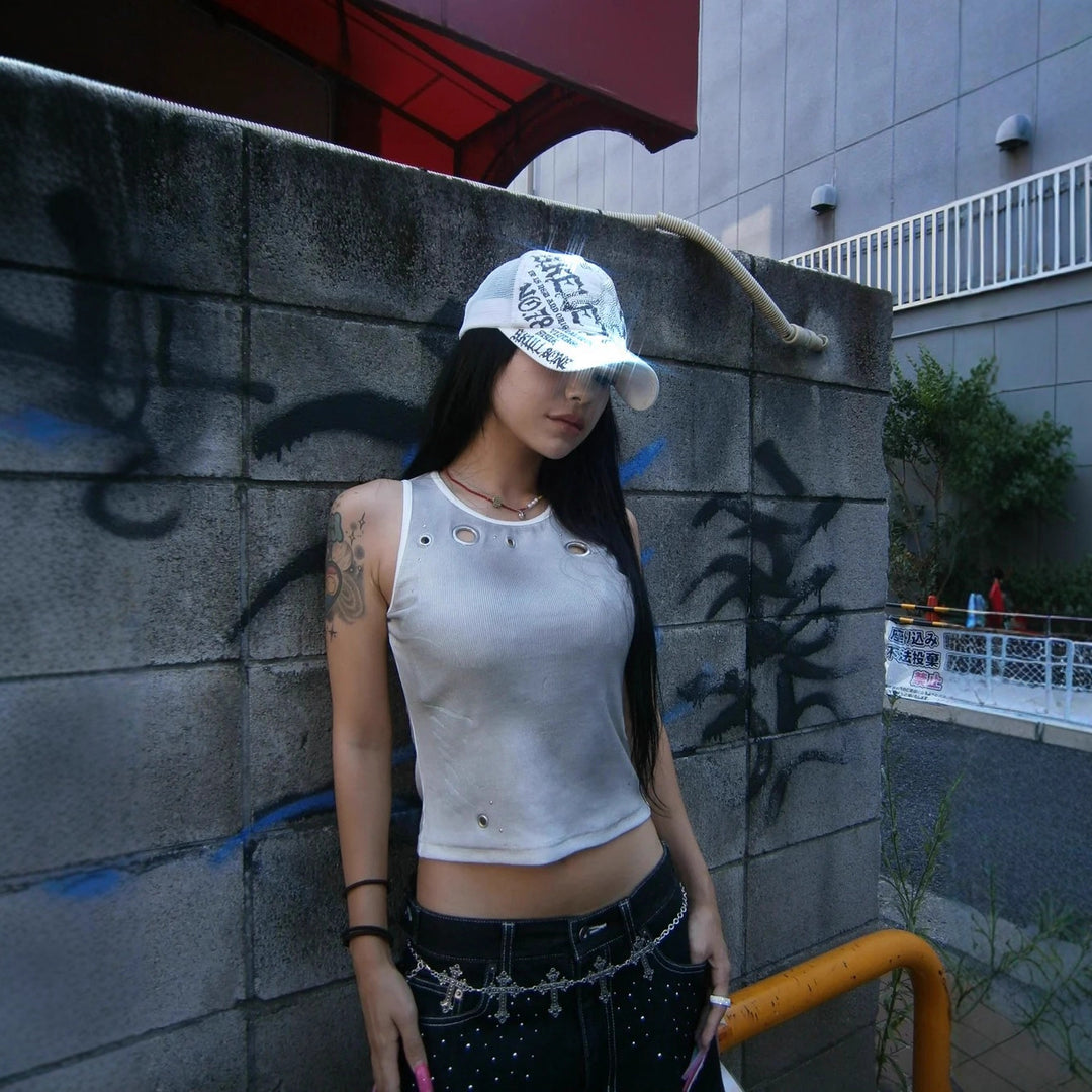 Damen Trendiges Tanktop mit dekorativen Ösen und schimmerndem Stoff Drune