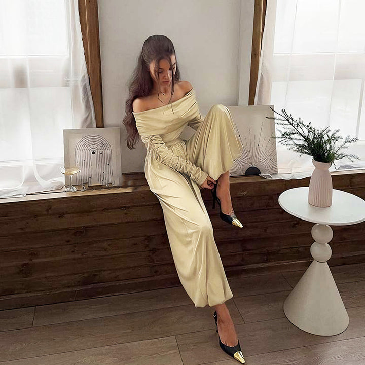 Damen Off-Shoulder Overall mit Raffungen und weitem Bein Drune