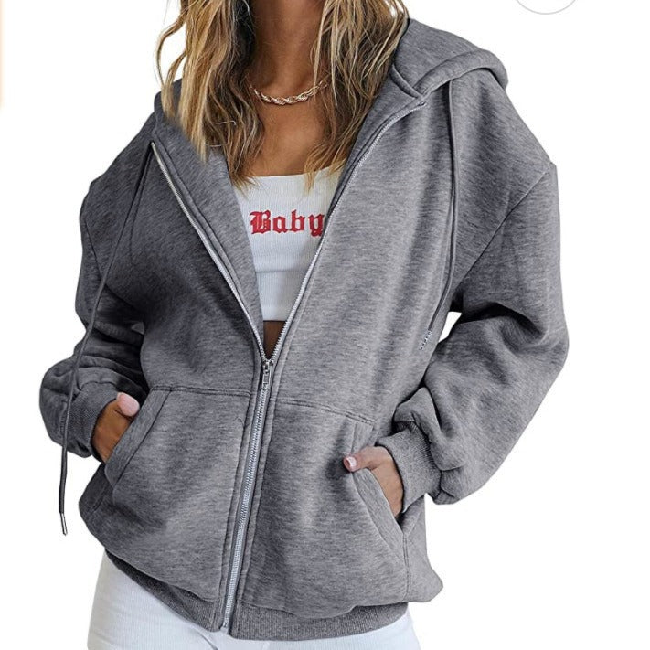 Damen nan Oversize-Kapuzenjacke mit durchgehendem Reißverschluss French-Terry, Kängurutaschen und elastischen Bündchen Drune