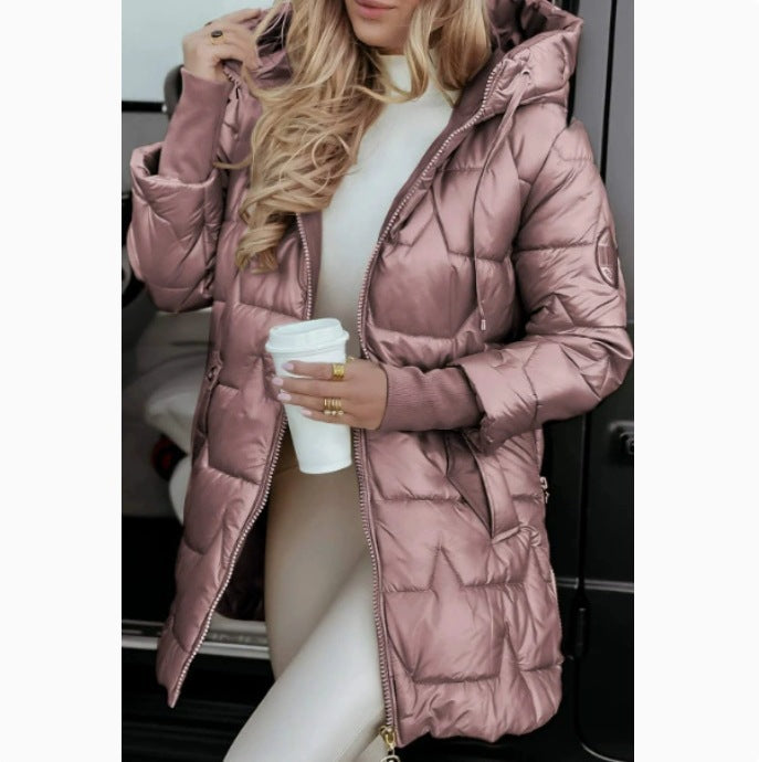 Damen lange, gefütterte Winterjacke mit Kapuze Drune