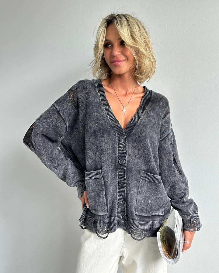 Damen lässiger Oversized-Pullover mit V-Ausschnitt und Taschen Drune