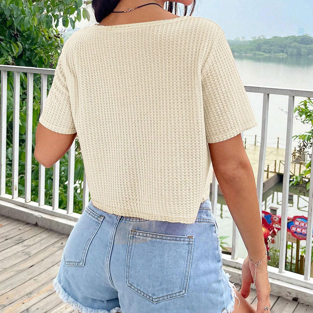 Damen lässiges cropped T-Shirt mit asymmetrischem V-Ausschnitt und luftiger Struktur Drune