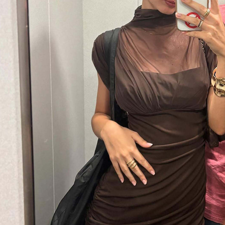 Damen Maxi-Kleid mit transparenten Puffärmeln und elegantem Raffungseffekt Drune