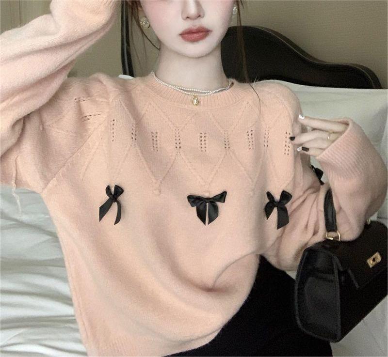 Damen gemütlicher Pullover mit verspielten Schleifenapplikationen Drune
