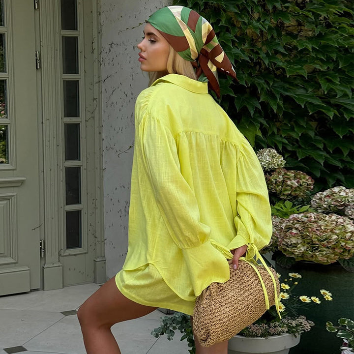 Damen Leichte Leinen-Loungewear-Kombination mit lässiger Short und oversized Hemd Drune