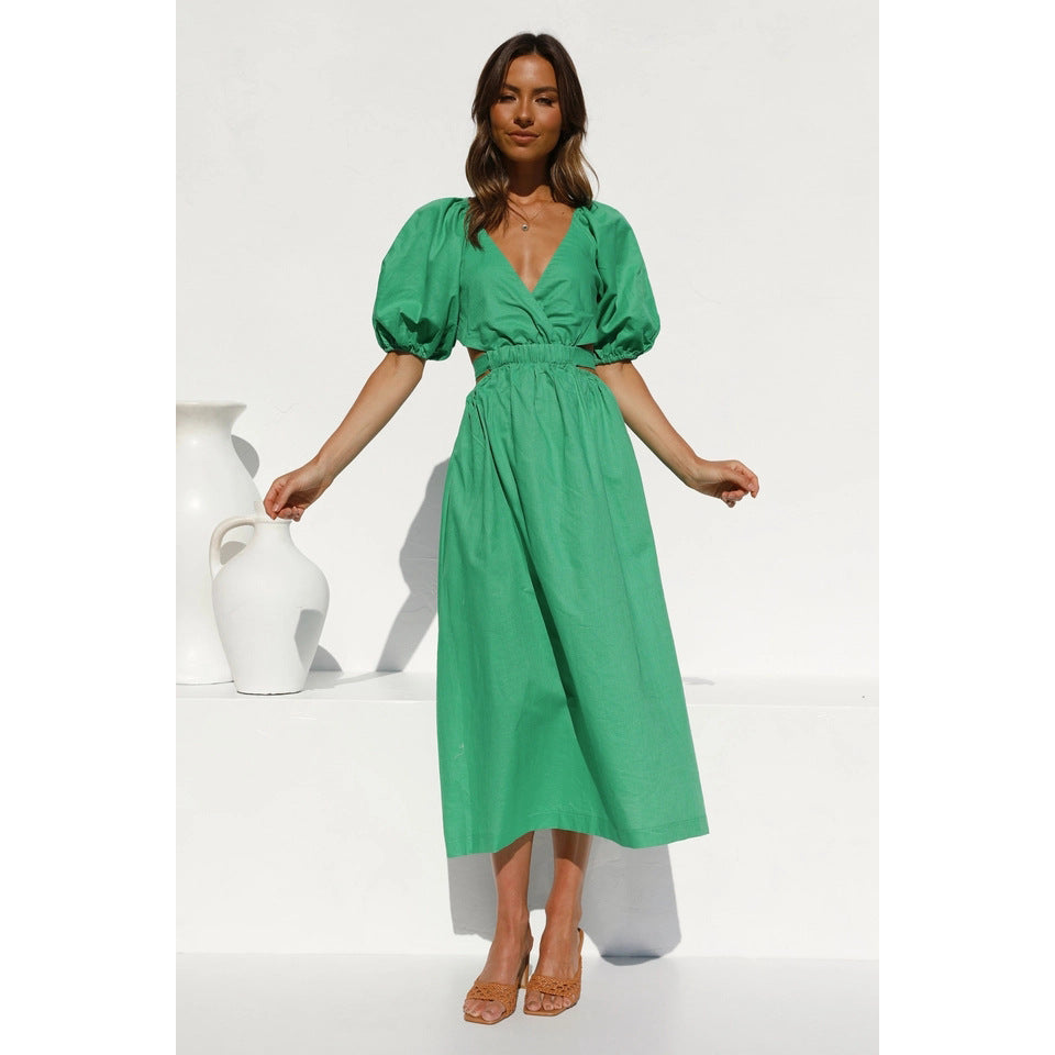 Damen Maxikleid mit elegantem V-Ausschnitt und puffärmeligen Details Drune