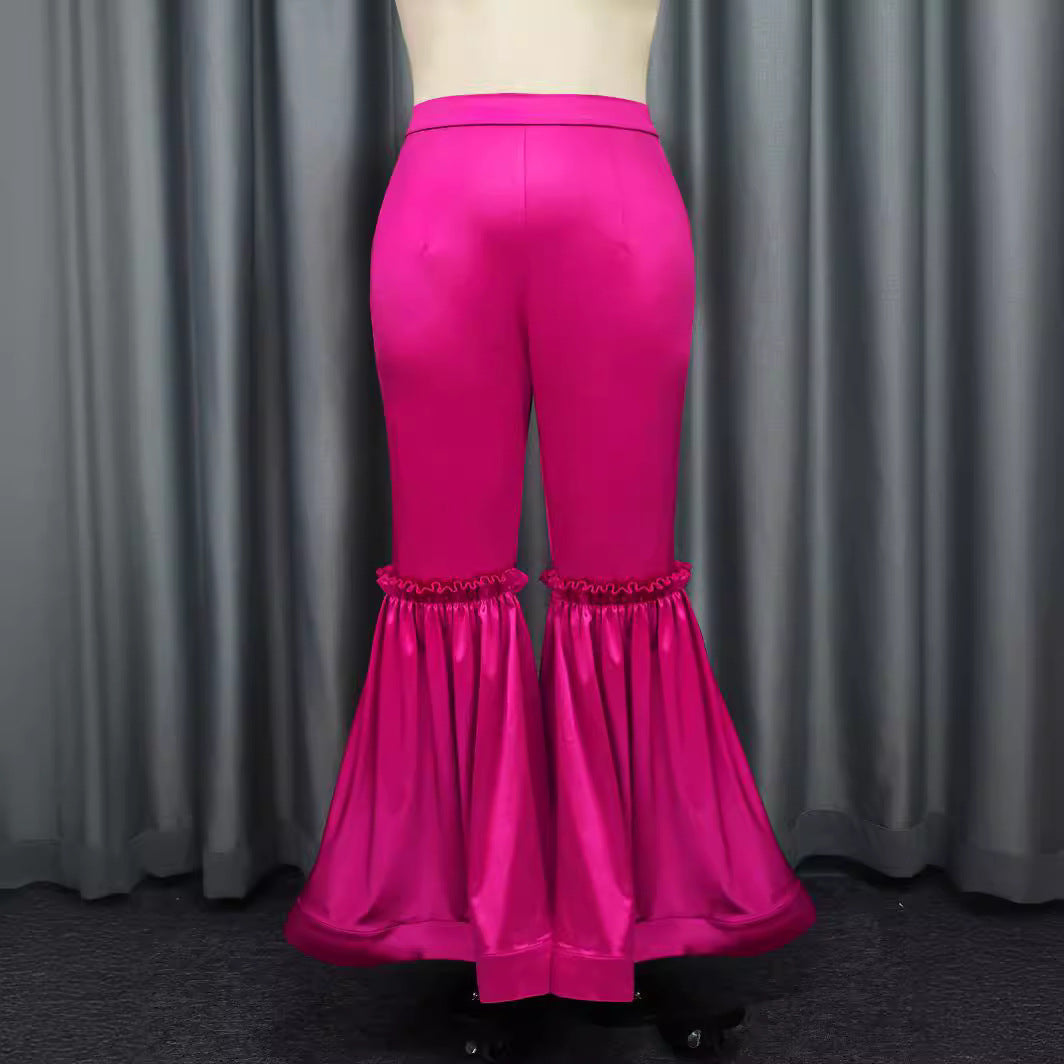 Damen elegante Hose mit voluminösen Rüschen und Satin-Details Drune
