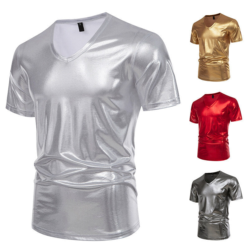 Herren Glänzendes Metallisches V-Ausschnitt T-Shirt Drune