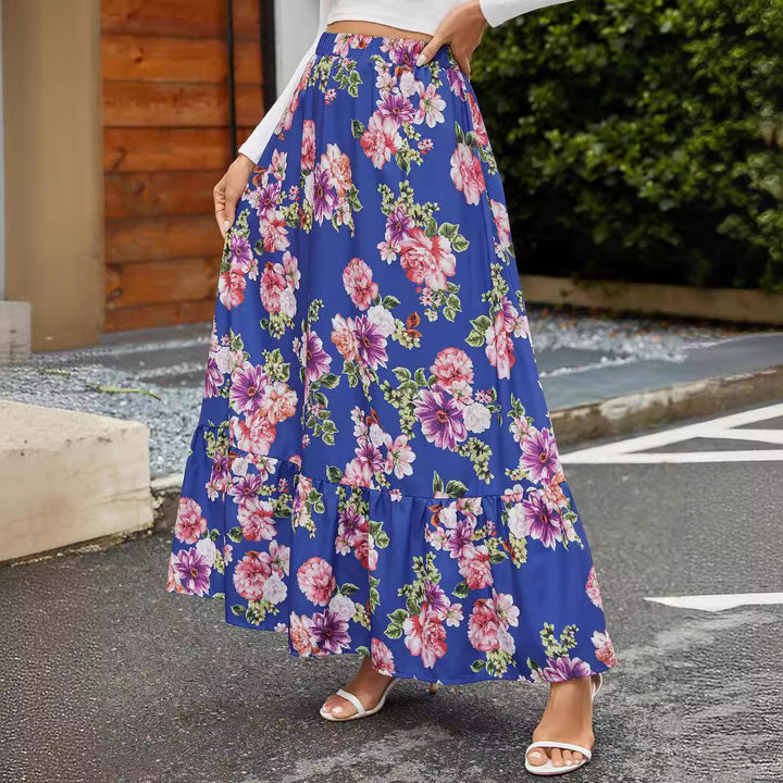 Damen Maxi-Rock mit fröhlichem Blumenmuster und voluminösem Stufenansatz Drune