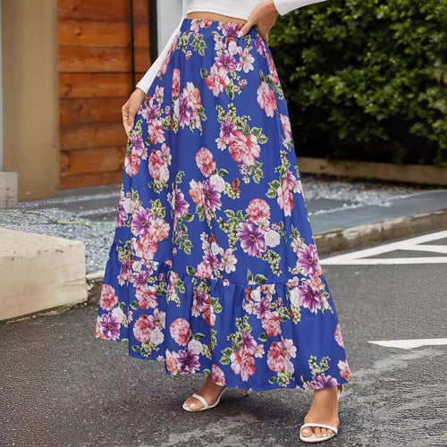 Damen Maxi-Rock mit fröhlichem Blumenmuster und voluminösem Stufenansatz Drune