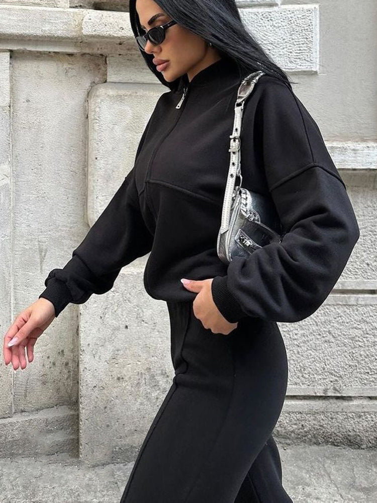 Damen nan Oversize Reißverschlussjacke mit weiter High-Waist Loungehose Set Drune
