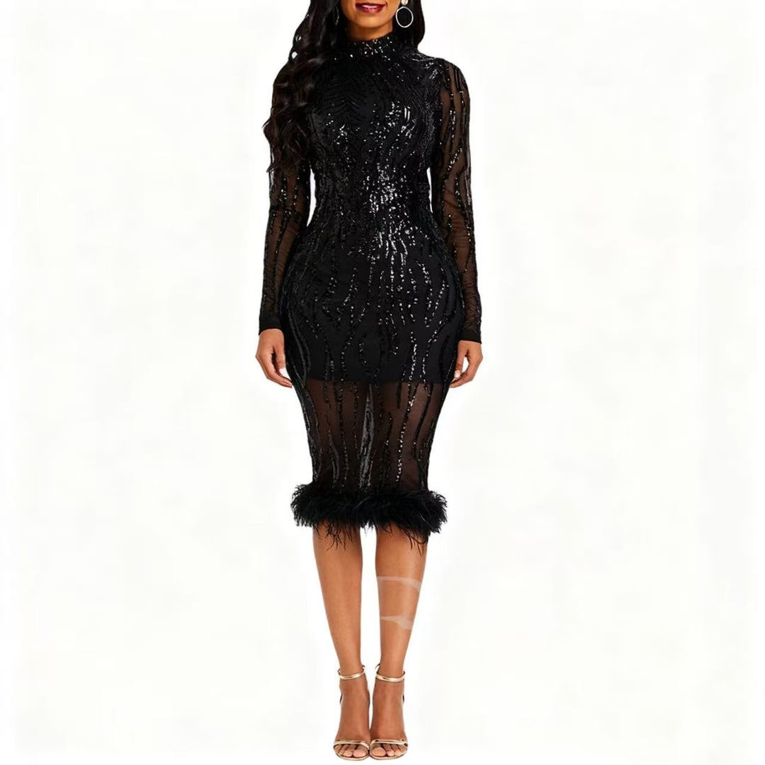 Damen Glamouröses Pailletten-Cocktailkleid mit transparenten Ärmeln und Federn Drune