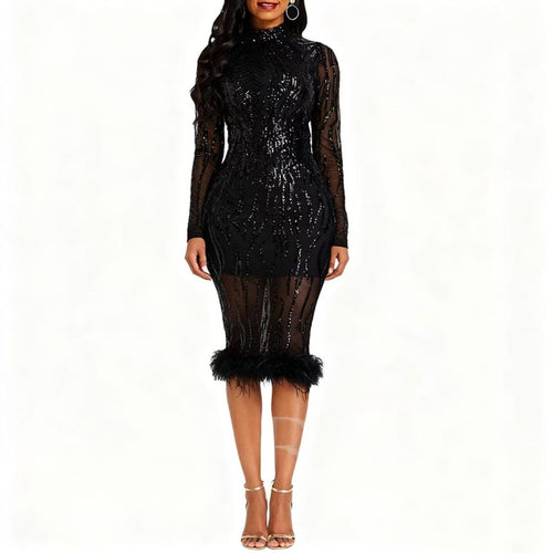 Damen Glamouröses Pailletten-Cocktailkleid mit transparenten Ärmeln und Federn Drune