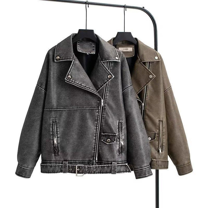 Damen Oversized Kunstlederjacke mit asymmetrischem Reißverschluss und praktischen Taschen Drune