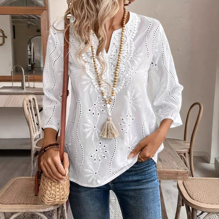 Damen bestickte Bluse mit elegantem V-Ausschnitt und 3/4-Ärmeln Drune