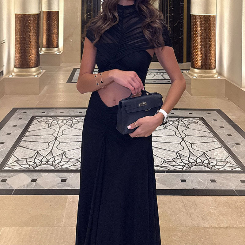 Damen Elegantes Maxikleid mit Raffungen und durchsichtigem Oberteil Drune
