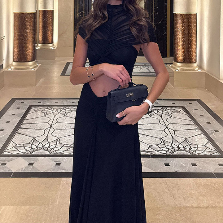 Damen Elegantes Maxikleid mit Raffungen und durchsichtigem Oberteil Drune