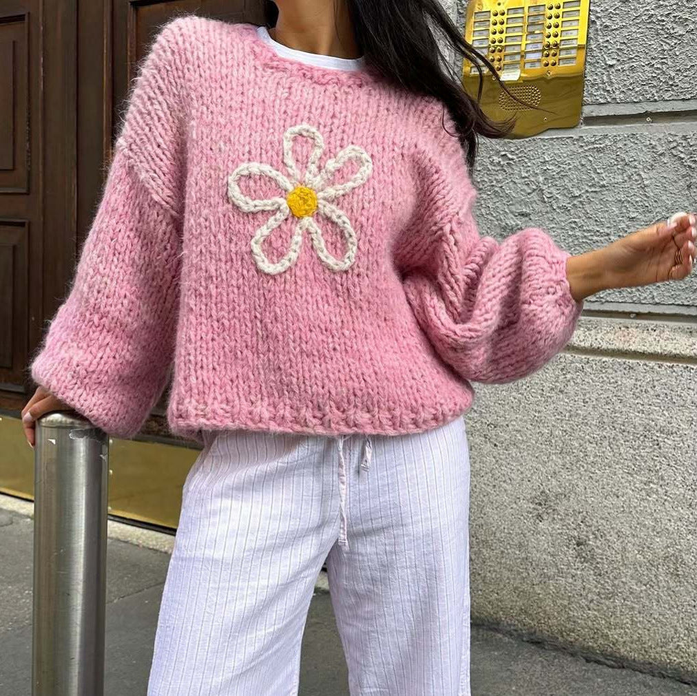 Damen lässiger Strickpullover mit floralem Motiv und oversized Schnitt Drune