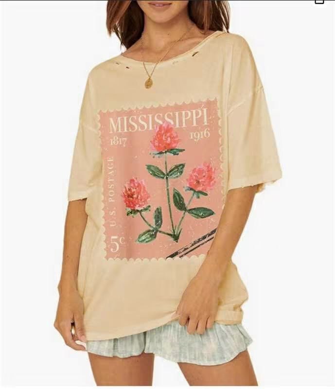 Damen Oversized T-Shirt mit nostalgischem Porto-Druck Drune
