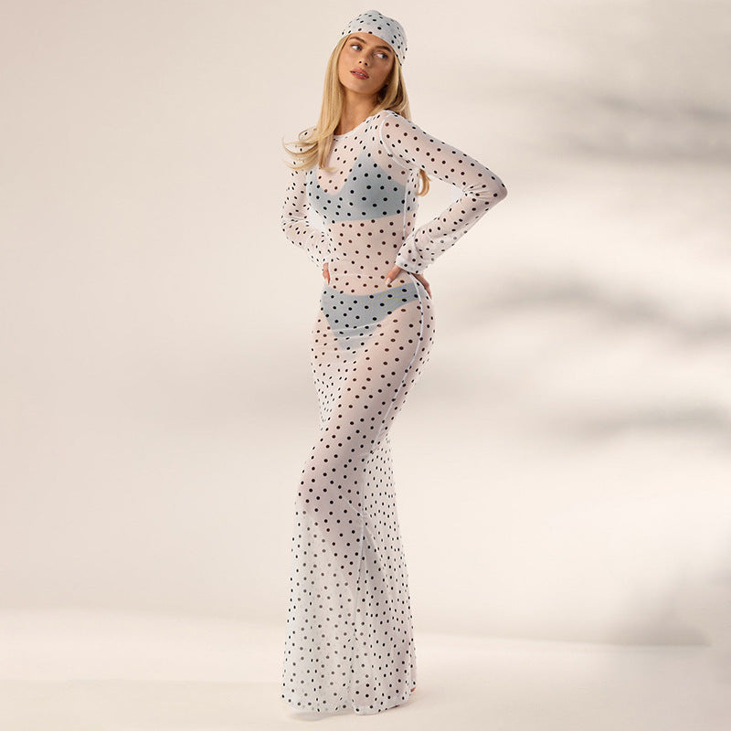 Damen transparentes Langarmkleid mit modischem Punktmuster Drune