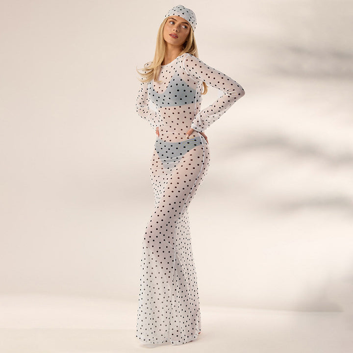 Damen transparentes Langarmkleid mit modischem Punktmuster Drune