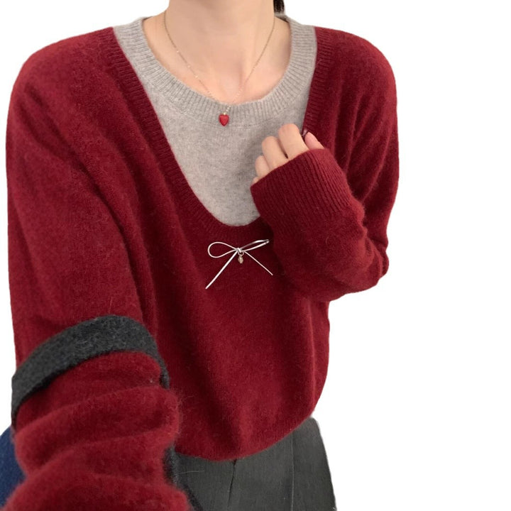 Damen Pullover mit elegantem V-Ausschnitt und edler Schleifenapplikation Drune