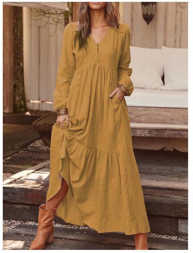 Damen nan luftiges Maxikleid mit V-Ausschnitt, Langarm und Eingrifftaschen Drune