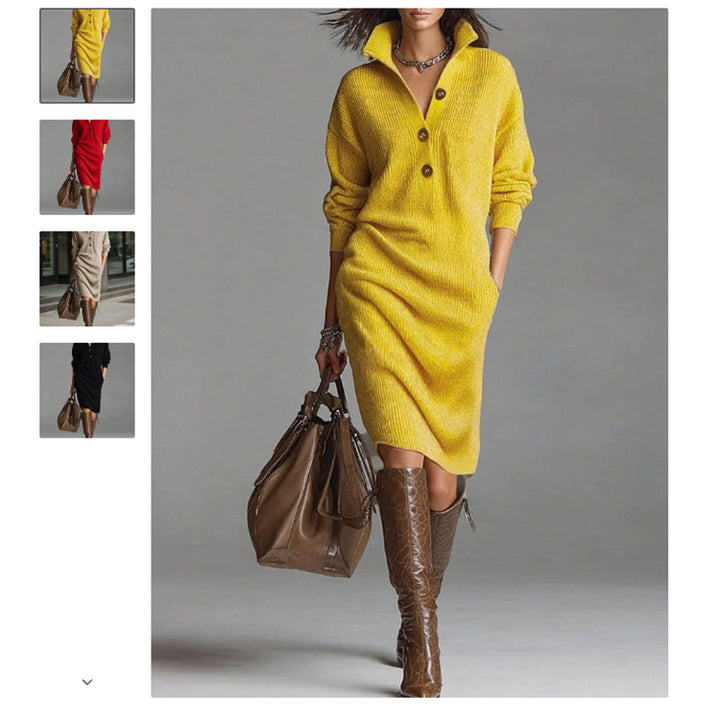 Damen nan gestricktes Pulloverkleid mit Polokragen, Eingrifftaschen und lässiger Passform Drune