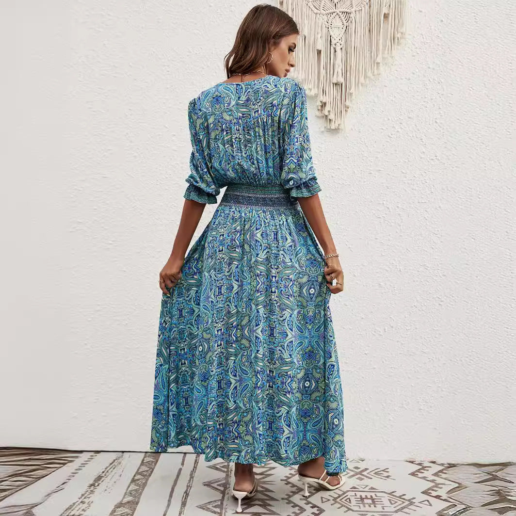 Damen Maxikleid mit abnehmbarem Taillengürtel und kunstvollem Muster Drune