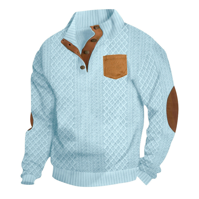 Herren nan Zopfmuster-Strickpullover mit Stehkragen Knopfleiste aufgesetzter Brusttasche und Lederoptik-Ellenbogenpatches Drune