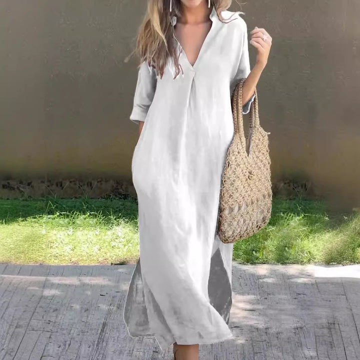 Damen Leichtes Maxikleid mit V-Ausschnitt und kurzen Ärmeln Drune