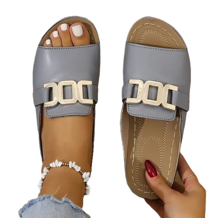 Damen nan Pantolette-Slipper mit goldfarbener Zierkette, ergonomischem Komfortfußbett und genähter Profilsohle Drune