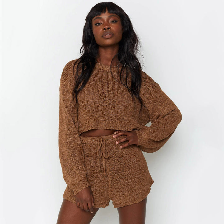 Damen Cropped Strickanzug mit lockeren Shorts und eleganten Ärmeln Drune