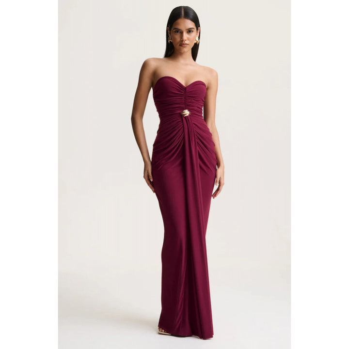 Damen Elegantes langes Abendkleid mit gerafftem Oberteil und goldener Schnalle Drune