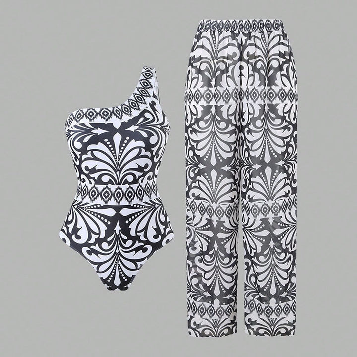 Damen einteiliger Badeanzug mit farbenfrohem Druck und passender Palazzo-Hose Drune