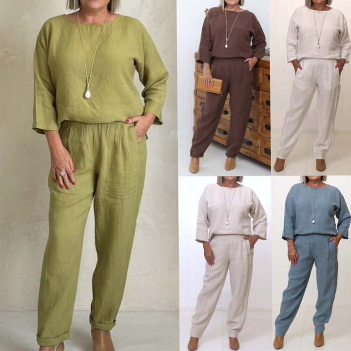 Damen Lässiges Leinen-Set mit weit geschnittenem Oberteil und bequemen Hosen Drune