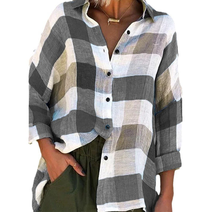 Damen nan oversized Leinenbluse mit großem Karo-Muster und legerem Hemdkragen Drune