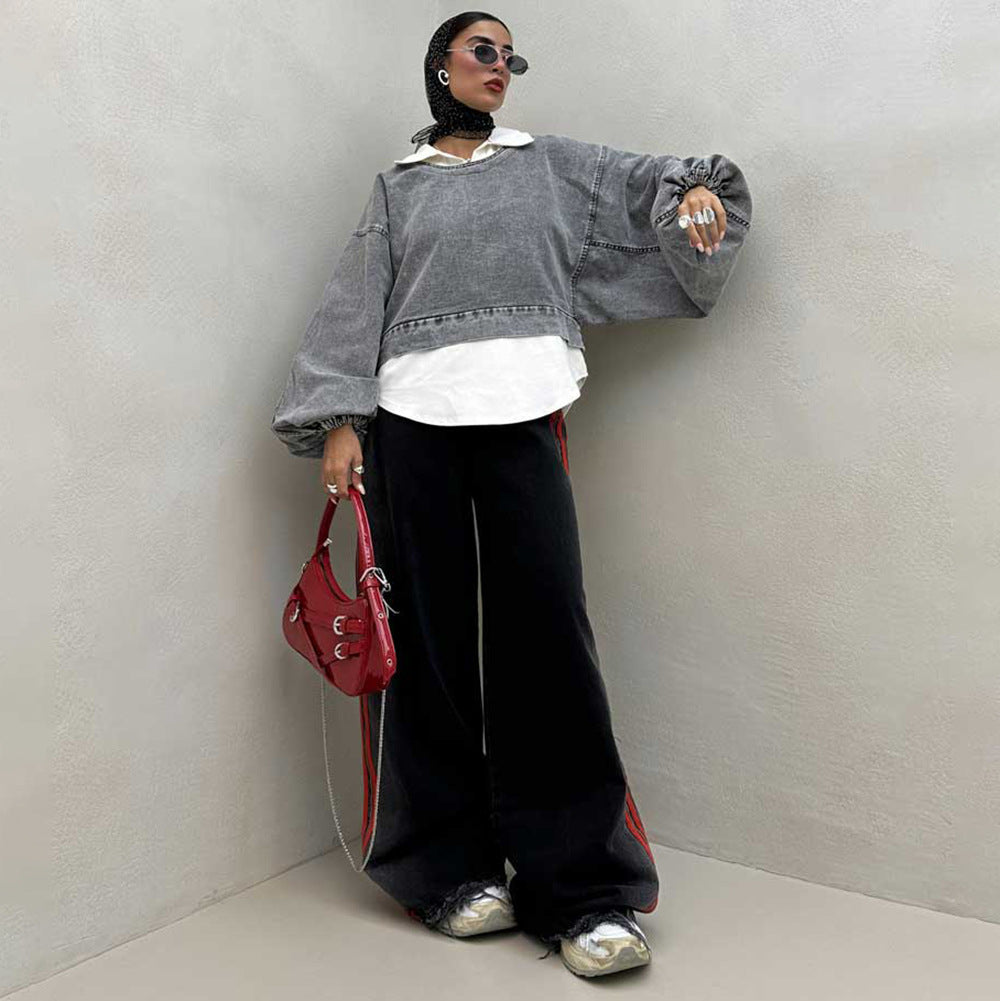Damen Oversized Denim-Look Pullover mit voluminösen Ärmeln Drune