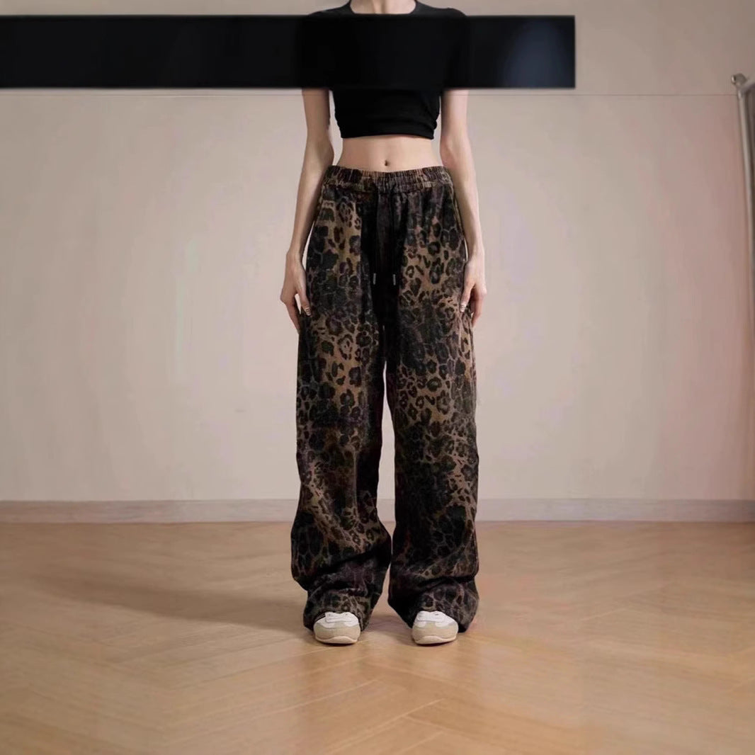Damen Weit geschnittene Leinenhose mit Leopardenmuster Drune