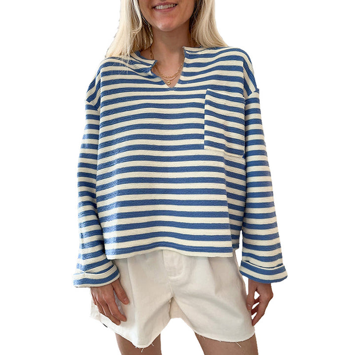 Damen gestreiftes Sweatshirt mit V-Ausschnitt und Brusttasche Drune