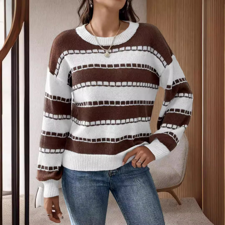 Damen lässiger, gestreifter Pullover mit einem komfortablen Schnitt und dekorativen Details Drune