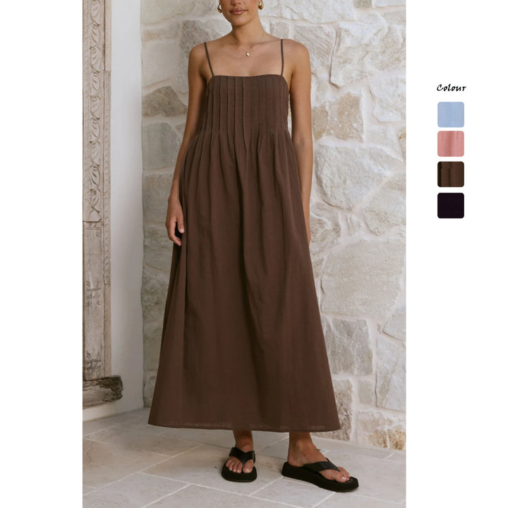 Damen Maxikleid mit gerafftem Oberteil und spaghettiträgern Drune