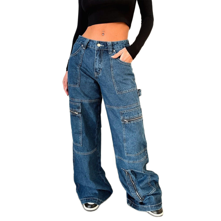 Damen nan weiten Cargo-Jeans mit mehreren Reißverschluss-Taschen und hoher Taille Drune