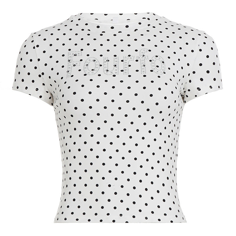 Damen Trendiges Kurzarm-Top mit Pünktchenmuster und glitzerndem Schriftzug Drune