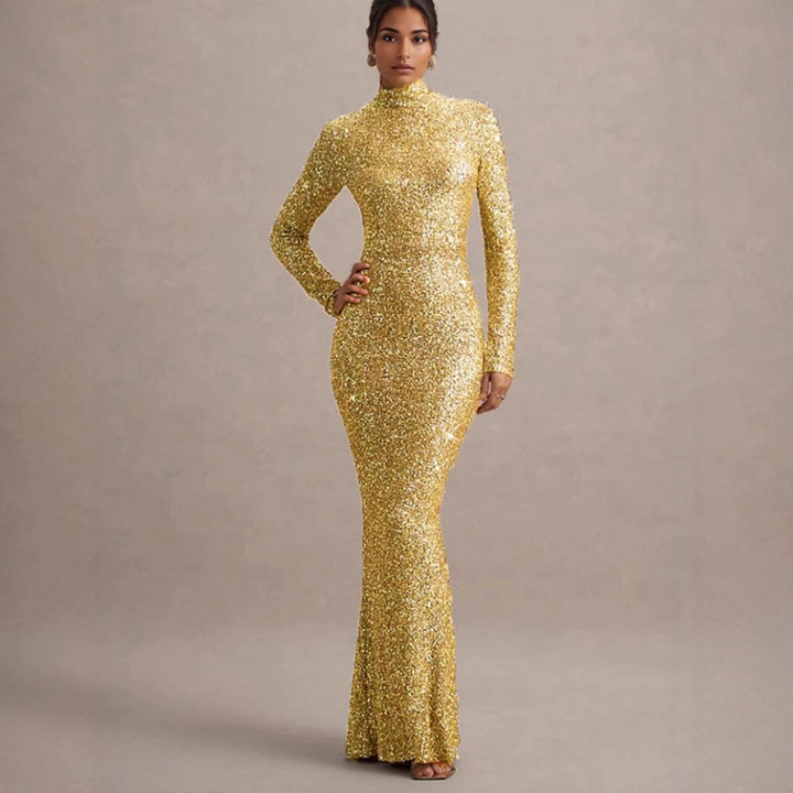 Damen Glitzerndes Abendkleid mit hohem Kragen und figurbetontem Schnitt Drune