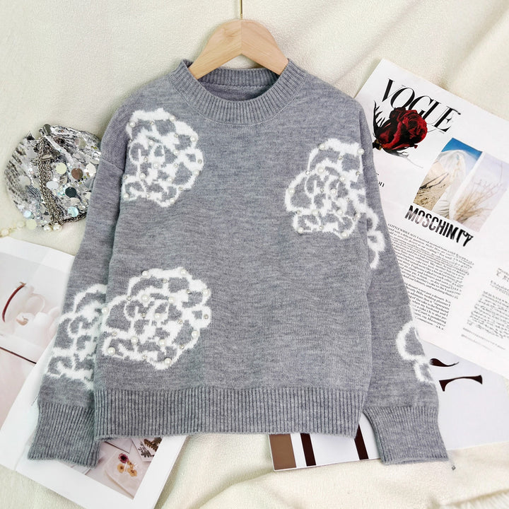 Damen modischer Pullover mit kunstvollen Blumenapplikationen und Perlenverzierungen Drune