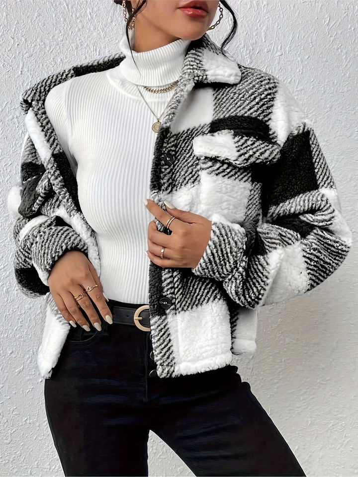 Damen Kuschelige Karojacke mit Umlegekragen Drune