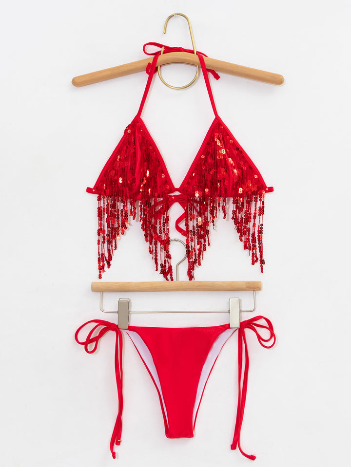 Damen Bikini-Set mit glitzernden Pailletten und verspielten Bindebändern Drune
