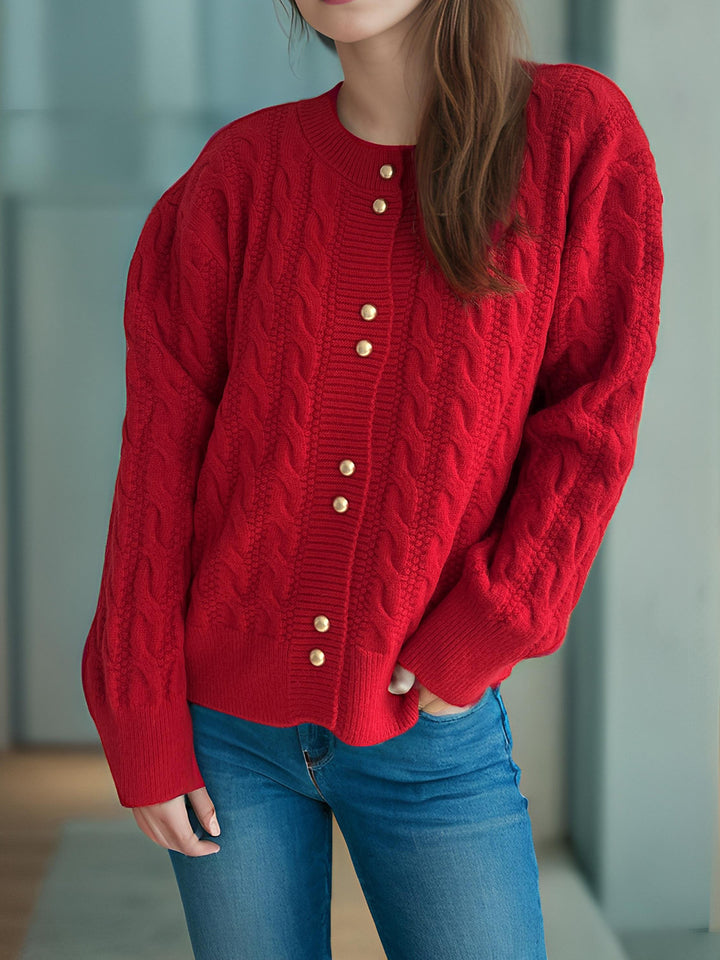 Damen Grobstrickjacke mit dekorativen Knöpfen und Kabelmuster Drune