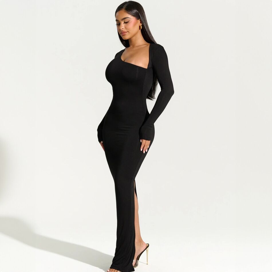 Damen elegantes Wickel-Maxi-Kleid mit asymmetrischem Halsausschnitt Drune